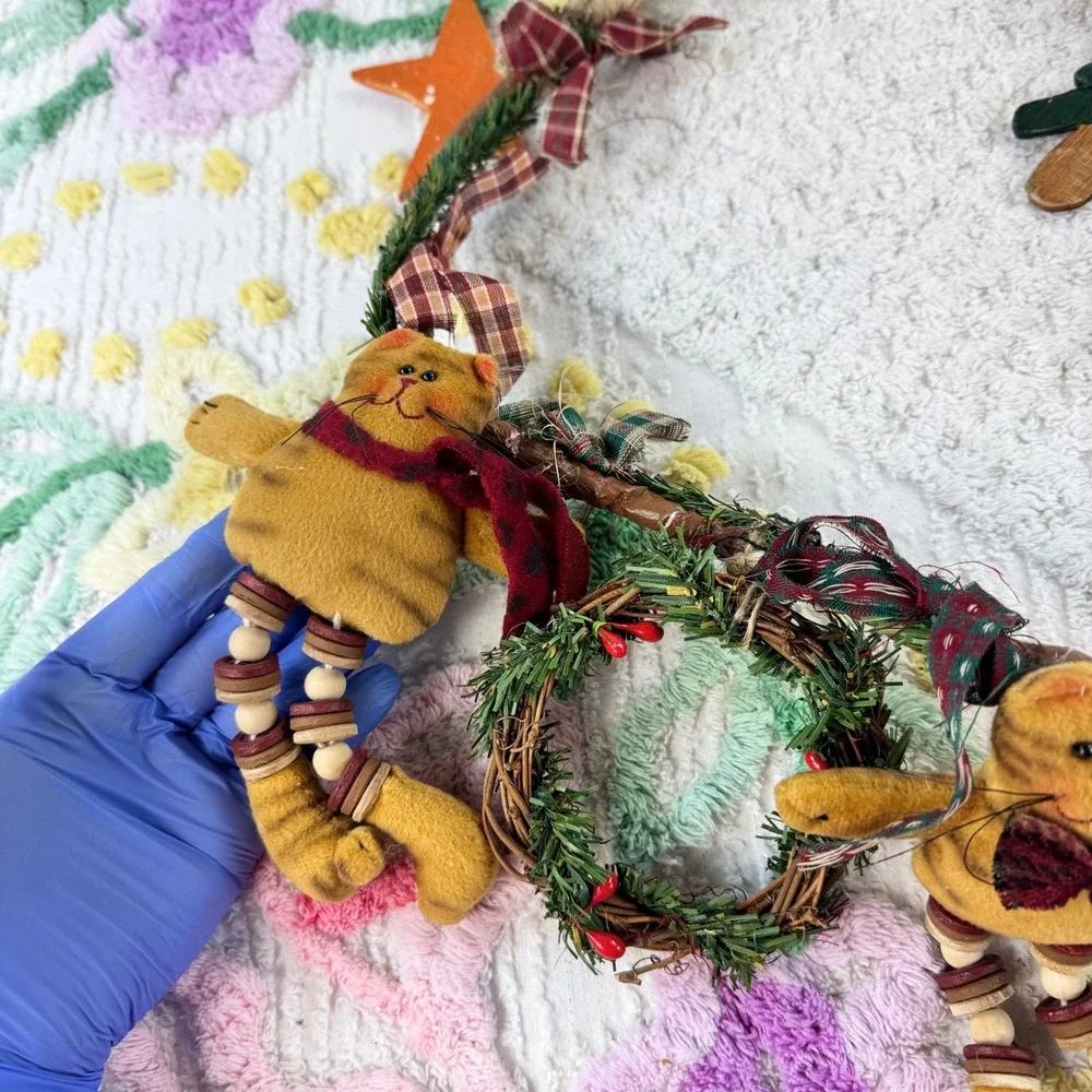 Primitive Christmas Cat Garland Plush Rustic Holiday Decor 31 Inch 18372